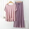 Traje de Ropa para el Hogar de Modal de Verano con Cuello Redondo y Mangas Cortas, Pantalones de Pierna Ancha para Mujer, Holgado, Talla Grande, Pijama Casual de Dos Piezas