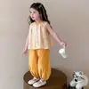 Conjunto de Camisa Sem Manga para Meninas Estiloso Traje de Verão Floral Infantil 2026 Novo Calça de Verão Anti-Mosquito para Bebê Tendência