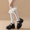 Meias JK Cano Alto Femininas Brancas Lolita Cetim Renda Femininas Outono Inverno Menina Japonesa Fofa Meias Longas Pretas