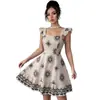 Vestido curto estampado xadrez bege cáqui retrô de manga bufante com decote quadrado e design que afina a cintura, transfronteiriço europeu e americano da Amazon 2026