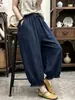 Calça pantalona de algodão e linho retrô da moda, calça casual de verão que afina o corpo com bordas franzidas, calça cropped feminina versátil com acabamento floral