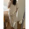 Pijama de Algodón Puro a Rayas Dulces Estilo Coreano para Mujer, Nuevo Conjunto de Ropa de Casa de Verano Suelto de Manga Corta y Pantalones Largos que se Pueden Usar Afuera