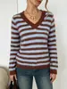 Suéter de Punto Reversible para Mujer de Otoño e Invierno de Venta Caliente Transfronteriza con Cuello en V de Doble Cara + Diseño a Rayas, Estilo Casual Versátil y Holgado