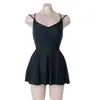 2020 Nuevo Traje de Baño para Mujer de una Pieza Falda Conservador Sexy Cubre Vientre Adelgazante Pecho Pequeño Fruncido Aro de Acero Espalda Cruzada sin Espalda Negro