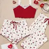 Conjunto de Pijama Europeu e Americano Transfronteiriço, Top Camisola Sexy com Renda Canelada, Calça Curta e Longa Conjunto de Pijama de Três Peças para Mulheres