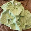 Pijama de Rayas Verdes Talla Grande Estilo Coreano para Mujer Verano 2026 Nuevo Holgado Cómodo Manga Corta Pantalón Corto Conjunto de Ropa para el Hogar