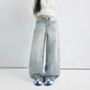 Jeans juveniles Naranja # para mujer de cintura alta, corte holgado, pierna ancha, con efecto de bigotes, lavados y desgastados, estilizan, modernos y versátiles, pantalones de largo hasta el suelo