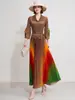 Vestido vintage plissado estilo francês com gola virada de outono, mangas sino, design floral tridimensional, gradiente arco-íris e barra plissada grande para mulheres