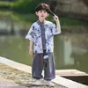 Conjunto de Verão Hanfu de Manga Curta para Meninos, Traje Tang Infantil, Estilo Chinês para Uso Diário, Roupa Tradicional para Bebê, Calça Longa, Roupa de Performance para Crianças Pequenas