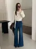 Design retrô estilo coreano, novos jeans de perna larga, cintura alta e que afinam, fáceis de combinar com qualquer roupa