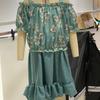 Conjunto de dos piezas para niña: top floral de manga corta sin hombros + falda larga