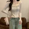 Camiseta de Renda com Design Doce de Manga Longa para Mulheres Verão 2025 Nova Versátil Slim Curta Top Básico