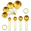 Conjunto de Xícaras e Colheres Medidoras de Aço Inoxidável com Colheres Medidoras Redondas Banhadas a Ouro, Conjunto de 8 Peças para Cozinhar, Café e Temperos