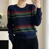 Suéter de punto a rayas para mujer, manga larga, color block, top de otoño, nuevo, elegante, versátil, suéter que rejuvenece, camisa básica holgada