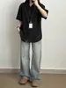 Camisa Negra de Seda de Hielo de Manga Corta para Hombre, Estilo Delgado de Verano, Fresca y Elegante, Camisa de Caída de Alta Gama, Chaqueta Casual Holgada de Media Manga