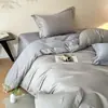 Luxo Leve Simples Estilo Nórdico Conjunto Completo de Roupa de Cama de Algodão Jogo de Quatro Peças Cor Sólida Toque de Luxo Lençol de Algodão Capa de Edredom Roupa de Cama para Quatro Estações