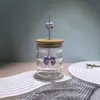 Taza de Vidrio Linda con Popote Creativo, Taza para el Hogar para Niñas con Tapa de Bambú, Adecuada para Jugos, Bebidas y Té de Leche, Estilo Fresco y Femenino