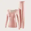 Conjunto de ropa interior térmica para mujer de otoño e invierno con almohadillas en el pecho, top de manga larga con cuello en U y pantalones largos