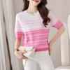 Top de Verano de Punto de Seda Helada para Mujer con Cuello Redondo Francés, Jacquard a Cuadros en Contraste, Manga Corta, Suéter de Punto Estilo Europeo, Estilo Occidental, Camisa de Media Manga