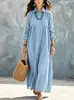 Amazon Transfronterizo Europa y América Principios de Otoño Nuevo Vestido de Bata Liso de Lino Manga Larga Casual Holgado Ropa para Mujer Falda