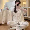 Pijama de Algodão Estilo Ins Moda Estampa de Leopardo Coração Nuvem Feminina Verão Manga Curta Roupa de Casa Conjunto de Três Peças Foto Real Atacado