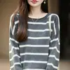 Outono/Inverno 2026 Novo Top Camada Base Malha Canelada Gola Redonda Manga Longa Listrado Color Block Algodão Lã Misturado Feminino