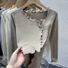 Camiseta base de punto estilo francés para mujer, diseño único, top interior de manga larga, suéter negro ajustado de otoño con volantes