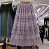 Saia de Bolo com Lantejoulas Nova Outono e Inverno, Saia Elegante de Gaze em Camadas, Saia Média de Fada, Saia Longa de Renda de Cintura Alta em Linha A