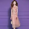 Vestido Feimengyi rosa bordado com lantejoulas para mulheres, de manga curta, para verão, jovial, novo estilo chinês, vestido cheongsam de malha que rejuvenesce