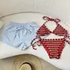 Biquíni Estilo Spicy Girl Pure Desire Listras Vermelhas e Brancas Clareador Férias na Praia Calça de Praia Dividida Roupa de Banho Feminina