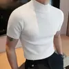 Pulôver Casual de Manga Curta Masculino de Cor Sólida Malha de Nicho Verão 2024 Gola Alta Meia Top Cruzado Aliexpress