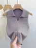 Chaleco de punto sin mangas tejido a mano con cuello polo de estilo coreano y punto de ochos para mujer, nuevo chaleco de color liso para primavera-verano con cuello retorcido y corte ajustado