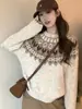 Primavera 2026 Nuevo Estilo Bloque de Color Lana Jacquard Fair Isle Cuello Redondo Holgado Suéter Estilo Coreano Engrosado para Mujer en Color Avena