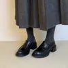 Mocassins vintage super macios de couro bovino com salto grosso para mulheres, sapatos de salto alto sem cadarço com bico redondo, sapatos casuais de couro genuíno sem cadarço