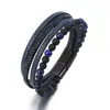 Pulseira Masculina de Pedra Olho de Tigre Natural Mais Vendida no Exterior Pulseira de Couro PU Multicamadas Retro Tecida à Mão com Contas em Estoque