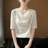 Top de Mujer Francés de Satén Sedoso con Cuello Drapeado de Manga Corta Adelgazante Versátil Pullover Tacto de Alta Gama Camiseta Tejido Capa Base Delgado