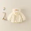 Elegante abrigo con forro de forro polar para niñas, nueva chaqueta peluda con capucha de dibujos animados para niños, prenda exterior de estilo dulce
