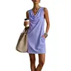 2026 Nuevo Verano Europeo y Americano Transfronterizo Estación Independiente de Amazon Color Sólido para Mujer Vestido Holgado sin Mangas con Cuello de Columpio