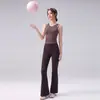 Conjunto de fitness con doble tirante, chaleco de yoga transpirable de secado rápido, pantalones de entrenamiento acampanados de cintura alta con control de abdomen, ajustados, para mujer