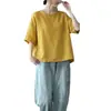 2026 Novo Estilo Artístico Simples Casual Manga Curta Camiseta para Mulheres Verão Solta e Versátil Cor Pura Casual Pulôver Top para Mulheres
