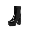 Botas plataforma de bico quadrado em verniz com salto grosso para mulheres plus size, botas de tornozelo estilo europeu e americano T2129