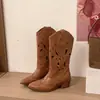 Nova coleção de verão: botas compridas de sola grossa, salto grosso e com recortes, botas de cano alto estilo cowboy western, botas Martin e botas de equitação