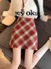 Falda de Lana de Cuadros Rojos Vintage para Mujer Otoño e Invierno 2024 Nueva Antitransparente Cintura Alta Línea A Falda de Cadera