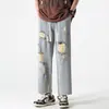 Jeans Cortos Rasgados de Moda para Hombre 2026 Verano Pierna Recta Holgados Cintura con Cordón Pantalones Elegantes Moda Única