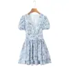 8155-26 Nuevo Estilo de Principios de Primavera Retro Francés Floral Cuello en V Ajustado Mangas Abullonadas Vestido Casual de Vacaciones