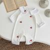 Macacão de Bebê Estilo Coreano para Primavera e Outono com Gola Peter Pan para Menina Macacão de Calça Longa Fofo Bordado de Cereja Macacão Longo