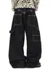 Hebilla de Avión Retro Americana Transfronteriza Hoja Curva Hombres y Mujeres Holgados Pierna Ancha Versátil Diseño de Costuras de Contraste Pantalones Largos Jeans