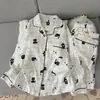 Pijama de Algodão Nuvem para Primavera e Outono Feminino, Conjunto Minimalista com Gola de Renda, Xadrez Azul Claro, Modelagem Solta, Tamanho Grande, Calça de Manga Longa, Roupa de Casa