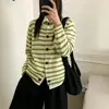 Novo Suéter Macio Color Block Listrado Vintage Outono/Inverno para Mulheres, Cardigan de Tricô com Gola de Renda Estilo College, Casaco Tendência
