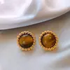 Pendientes Redondos de Encaje Retorcido con Piedra Ojo de Tigre Maillard Estilo Metalizado de Lujo Ligero Temperamento Moda Influencer de Internet